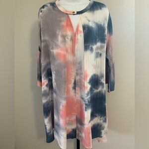 NWT Umgee Tie-Dye Keyhole Tunic/Dress in Coral and Charcoal